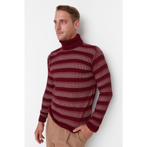 Trendyol Men's Burgundy Fitted Slim Fit Turtleneck Striped Knitwear Sweater