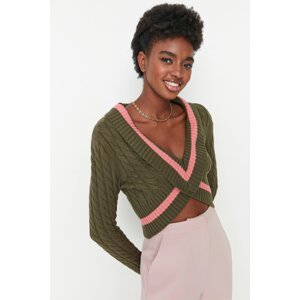 Trendyol Khaki Crop Detailní pletený svetr