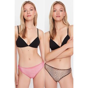 Trendyol Brown-Pink 2-Pack Tulle Leopard Patterned Thong Briefs