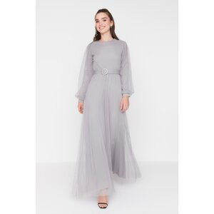 Trendyol Gray Hijab Evening Dress With Belt Detail On The Waist