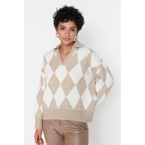 Trendyol Beige Oversize měkký texturovaný vzorovaný pletený svetr
