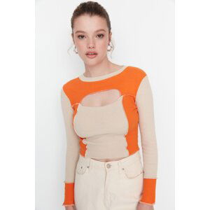 Trendyol Stone Color Block Cut Out Detail Ribbed Knitted Blouse