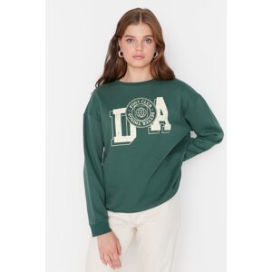 Trendyol Emerald Green Printed Loose Fleece Inner Knitted Sweatshirt