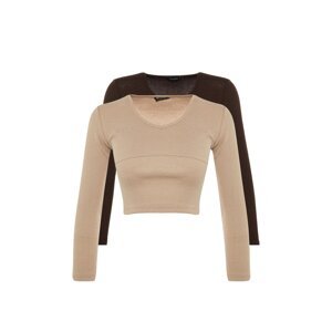 Trendyol 2-Pack Brown-Beige Ribbed Crop Knitted Blouse
