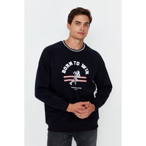 Trendyol Navy Men's Oversize Fit Printed Cotton Cotton Fleece Inside College Theme Sweatshirt
