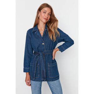 Trendyol Blue Belted Double Breasted Oversize Denim Jacket