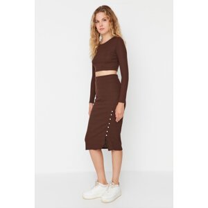 Trendyol Brown Ribbed Fitted Crop Top and Midi Skirt Knitted Two Piece Set