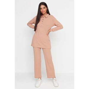 Trendyol Camel Button Detailed Tunic-Pants Knitted Suit