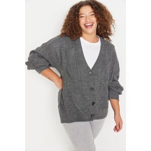 Trendyol Curve Anthracite Hair Braid Detailed V-Neck Buttoned Knitted Cardigan