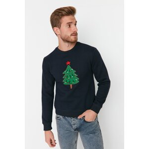 Trendyol Men's Navy Blue Regular/Normal Fit Christmas Printed Fleece Long Sleeve Sweatshirt