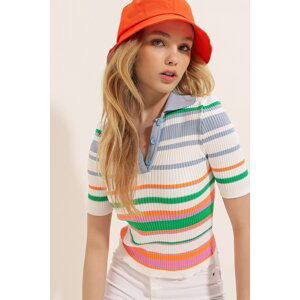 Trend Alaçatı Stili Women's Indigo Polo Neck Multi Color Striped Ribbed Knitwear T-Shirt