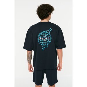 Trendyol Navy Blue Oversize/Wide Cut Seoul City Printed Short Sleeve 100% Cotton T-Shirt