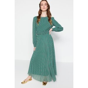 Trendyol Green Geometric Pattern Fabric Belted Pleated Lined Woven Chiffon Dress