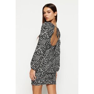 Trendyol Black Printed Fitted/Sleeping Decollete Gathered Detail Mini Knitted Dress