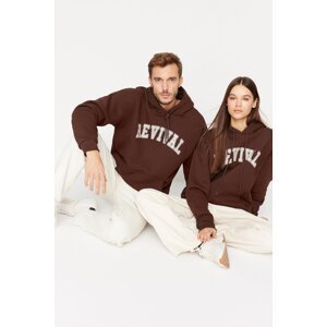 Trendyol Brown Oversize/Wide-Fit Hooded Cotton Unisex Sweatshirt