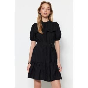 Trendyol Black Mini Weaving with Belt and Embroidered Balloon Sleeve Detail Shirt Dress