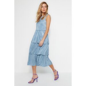 Trendyol Blue Premium Strap Pleated A-Line Sleeveless Midi Knitted Dress