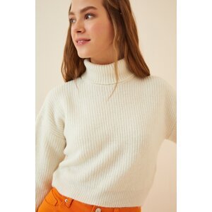 Happiness İstanbul Women's Bone Turtleneck Winter Crop Knitwear Sweater