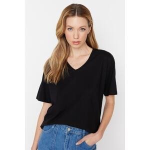 Trendyol Black 100% Cotton Oversize/Wide Fit V-Neck Short Sleeve Knitted T-Shirt