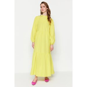 Trendyol Yellow Gathered Detailed High Neck Cotton Wide Fit Woven Dress