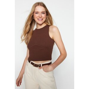 Trendyol Brown Piping Detail Ribbed Crew Neck Crop Knitted Blouse