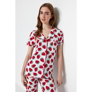Trendyol White Cotton Piping Detailed Strawberry Patterned Shirt-Pants Knitted Pajama Set