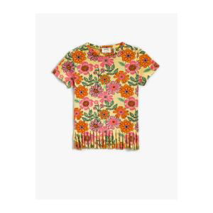 Koton Tasseled Floral T-Shirt Crew Neck Short Sleeve Cotton