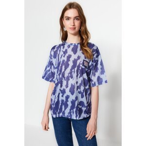 Trendyol Blue Printed and Woven Label Relaxed/Wide Relaxed Cut Crew Neck Knitted T-Shirt