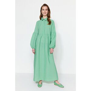 Trendyol Green Striped Textured Fabric Half Pat Balloon Sleeve Woven Dress