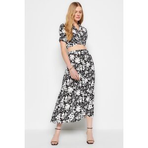 Trendyol Black Midi Weave Floral Print Skirt with Viscose Fabric With Buttons