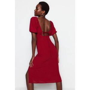 Trendyol Burgundy Fitted Midi Woven Dress with Slit and Back Detail
