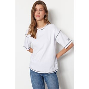 Trendyol White 100% Cotton Carioca Stitched and Printed Relaxed/Wide Relaxed Cut Knitted T-Shirt