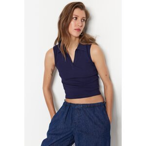 Trendyol Navy Blue Crop Polo Neck Ribbed Cotton Stretch Knitted Blouse