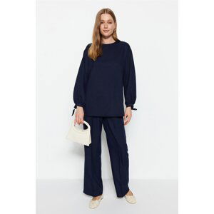 Trendyol Navy Blue Ribbed Stitched Woven Crepe Tunic-Pants Suit