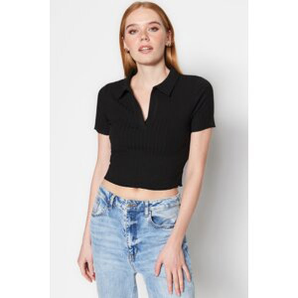 Trendyol Black Soft Button Crop Polo Neck Ribbed Stretchy Knitted Blouse