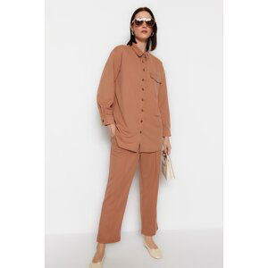 Trendyol Cream Single Pocket Scuba Crepe Shirt-Pants Knitted Suit