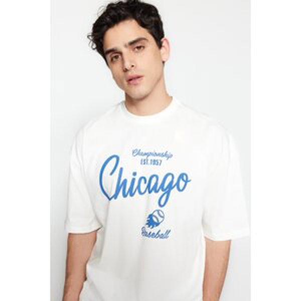 Trendyol Ecru Men's Regular Cut City Printed Short Sleeve 100% Cotton T-Shirt