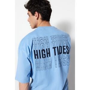 Trendyol modré oversize/wide-fit text tištěný krátký rukáv tričko ze 100% bavlny