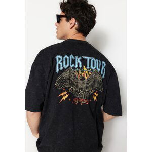 Trendyol Black Oversize/Wide Fit Distressed/Pale Effect Rock Print 100% Cotton T-Shirt