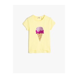 Koton T-Shirt Ice Cream Sequin Sequin Embroidered Short Sleeve Cotton