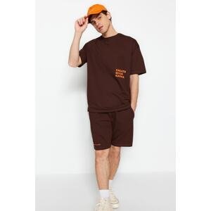 Trendyol Brown Tracksuit Set Relaxed/Comfortable Cut Text Printed Cotton