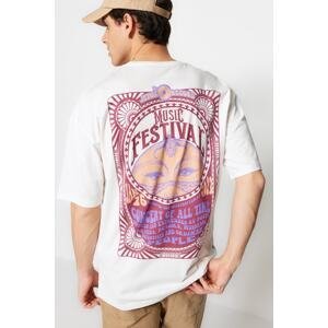 Trendyol Ecru Unisex Oversize/Wide-Fit Ethnic Back Printed 100% Cotton T-shirt