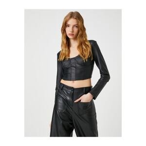 Koton Leather Look Bustier Long Sleeve Square Neck