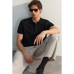 Trendyol Black Regular/Normal Cut Short Sleeve Textured Buttoned Polo Neck T-shirt