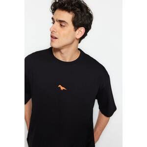 Trendyol Black Oversize Fit Crew Neck Short Sleeve Dinosaur Embroidered 100% Cotton T-Shirt