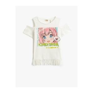 Koton Anime Printed Tassel T-Shirt Short Sleeve Window Detailed Cotton