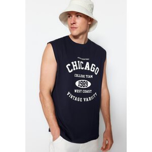 Trendyol Navy Blue Relaxed/Comfortable Cut City Printed 100% Cotton Sleeveless T-Shirt/Tank Top