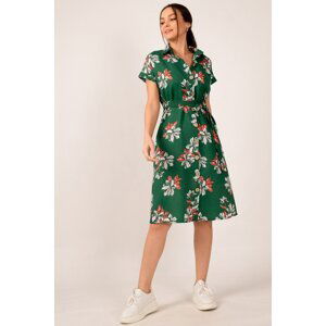 armonika Women's Peanut Green Large Floral Waist Belted Short Sleeve Shirt Dress