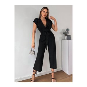 armonika Women's Black Double Breasted Overalls With Belted Waist