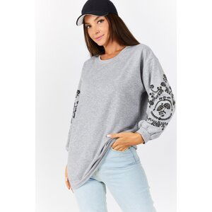 armonika Women's Gray Round Neck Sleeve Embossed Tunic